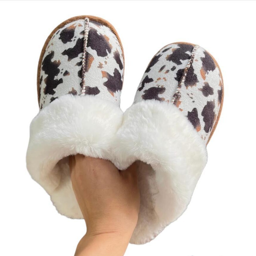Winter Warm House Shoes Western Cheetah Cow Print Plush Slippers