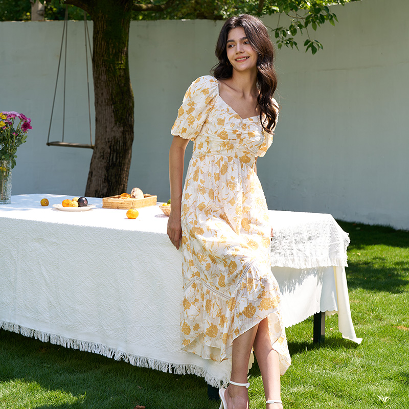 2025 Olaesa Women's Summer Floral Midi Dress Square Neck Boho Random Floral Print Puff Sleeve Waist Ruffle Dress with Pockets
