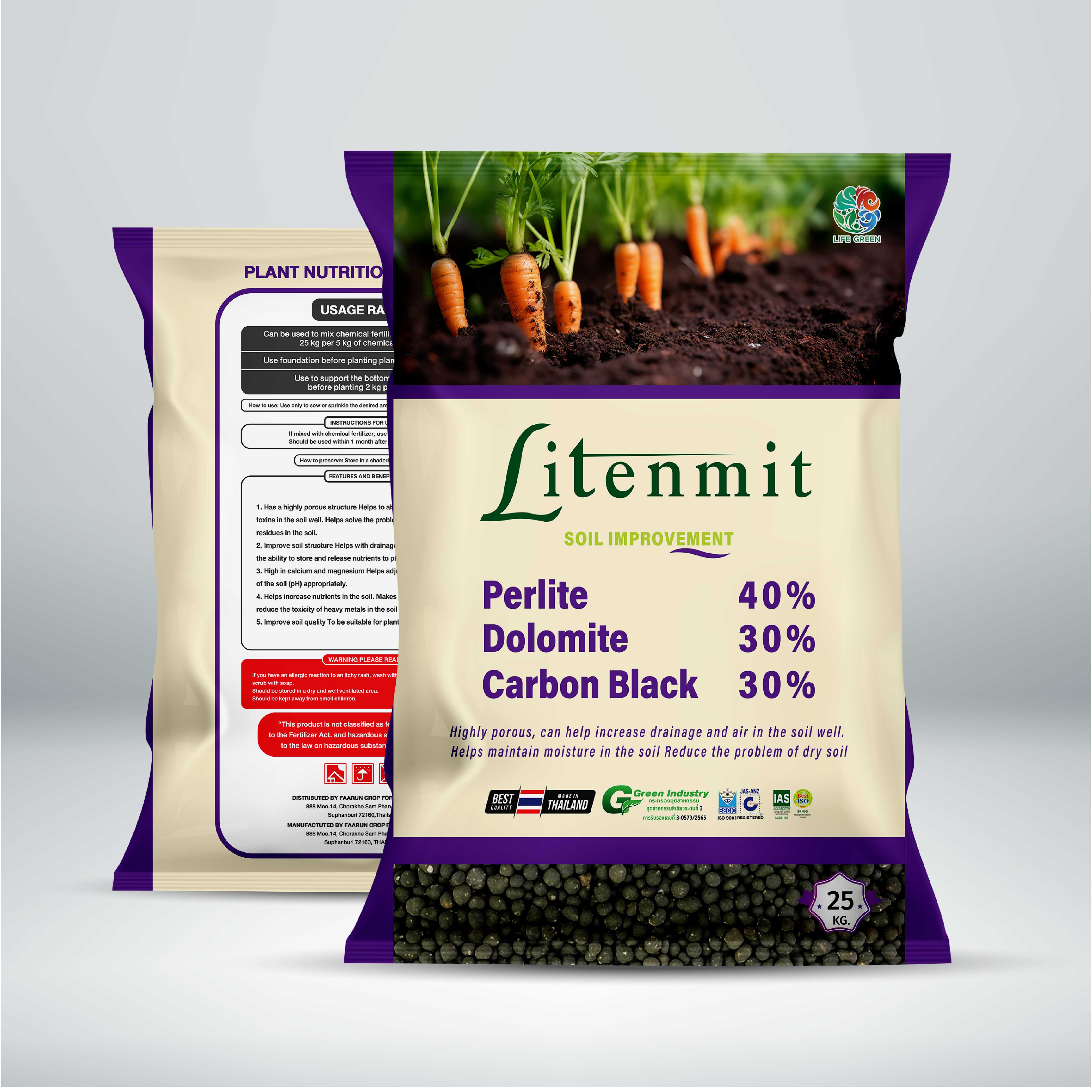 LITENMIT Organic Soil Improvement Fertilizer Granule Small Perlite Dolomite Carbon Black Greenhouse Agriculture Product Thailand