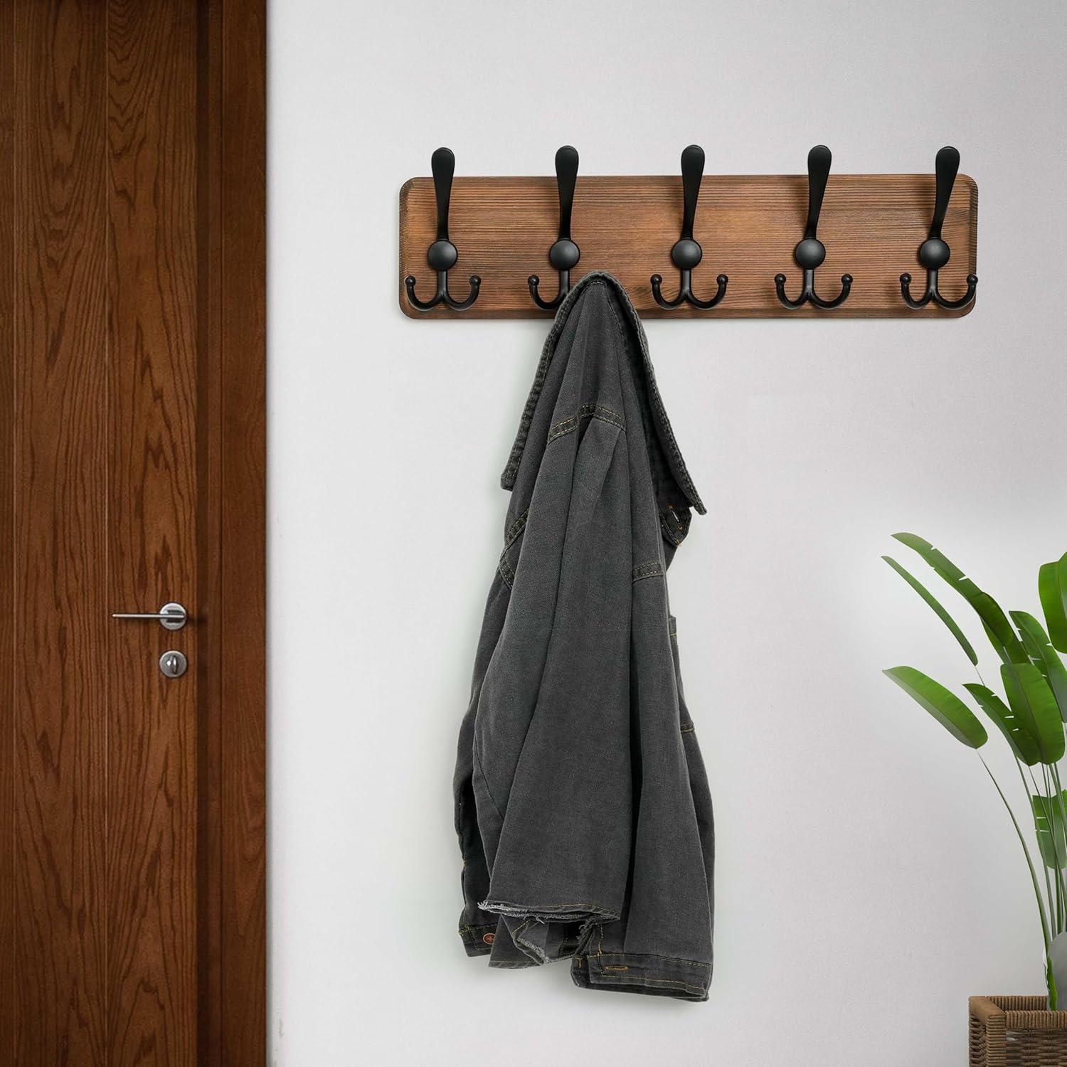 Metal hooks with Wooden Base Cloth Hanging Wood Hooks Hanger Stand Rack Rectangular Wall-Mounted Farmhouse Coat Rack