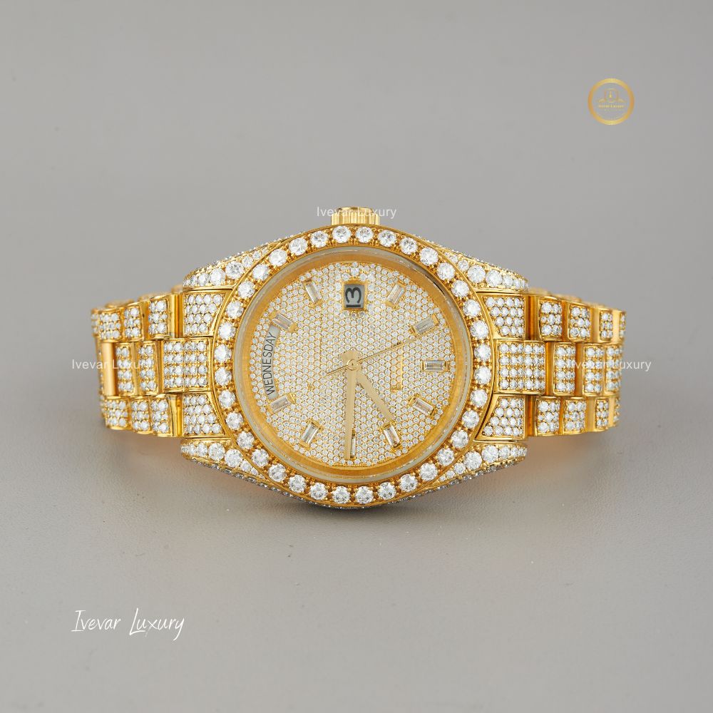 This is a special watch crafted with moissanite diamonds that passes the diamond test and frame of this watch is stainless steel