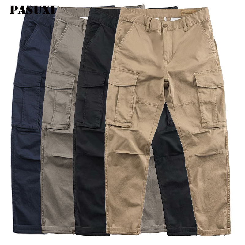 PASUXI 2025 Men Spring Pockets Pants Outdoor Men's Clothes Outdoor Cotton Work Overalls Thin Loose Casual Trousers Long Pants