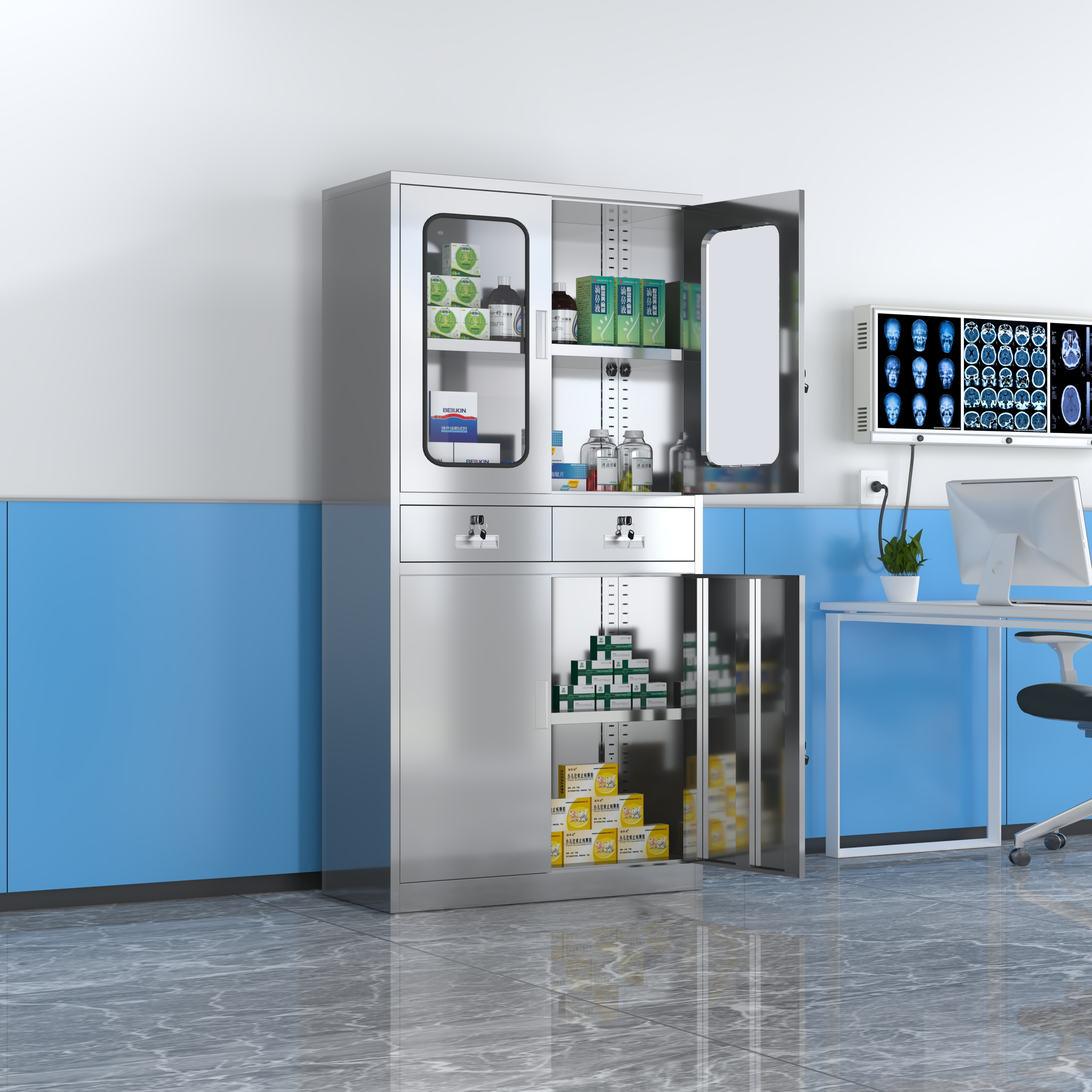 Metal high quality double glass door with two drawers hospital storage stainless steel medical cabinet laboratory furniture