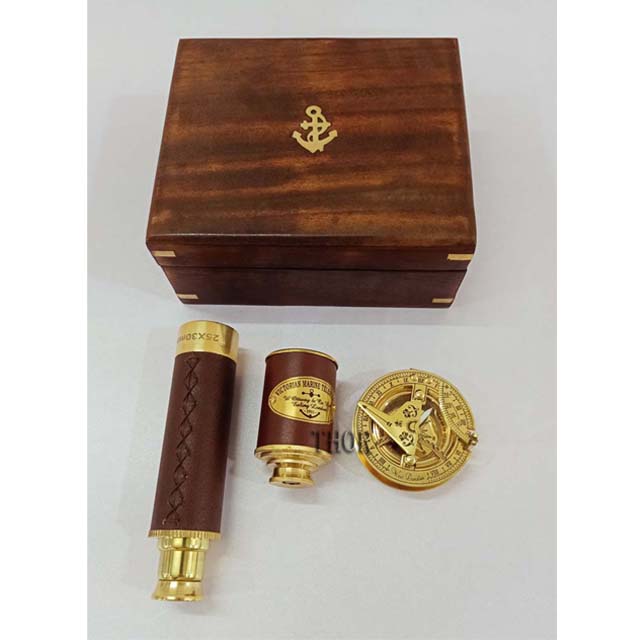 Maritime Antique Finishes Telescope Spyglass Scope Telescope Functional Two Telescope and Compass with Wooden Box
