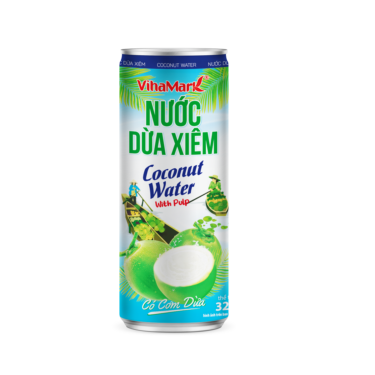 Vietnam Hot Selling Delicious Vihamark Soft Drinks Natural Pure Coconut Water with Pulp - Can 320ml (24 cans/ carton) in Bulk
