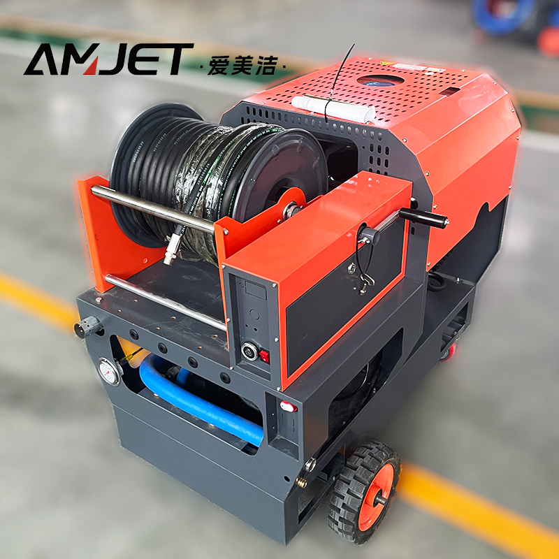 AMJET 27HP high-pressure sewer jetting machine, 200BAR, industrial and municipal use, durable and efficient.
