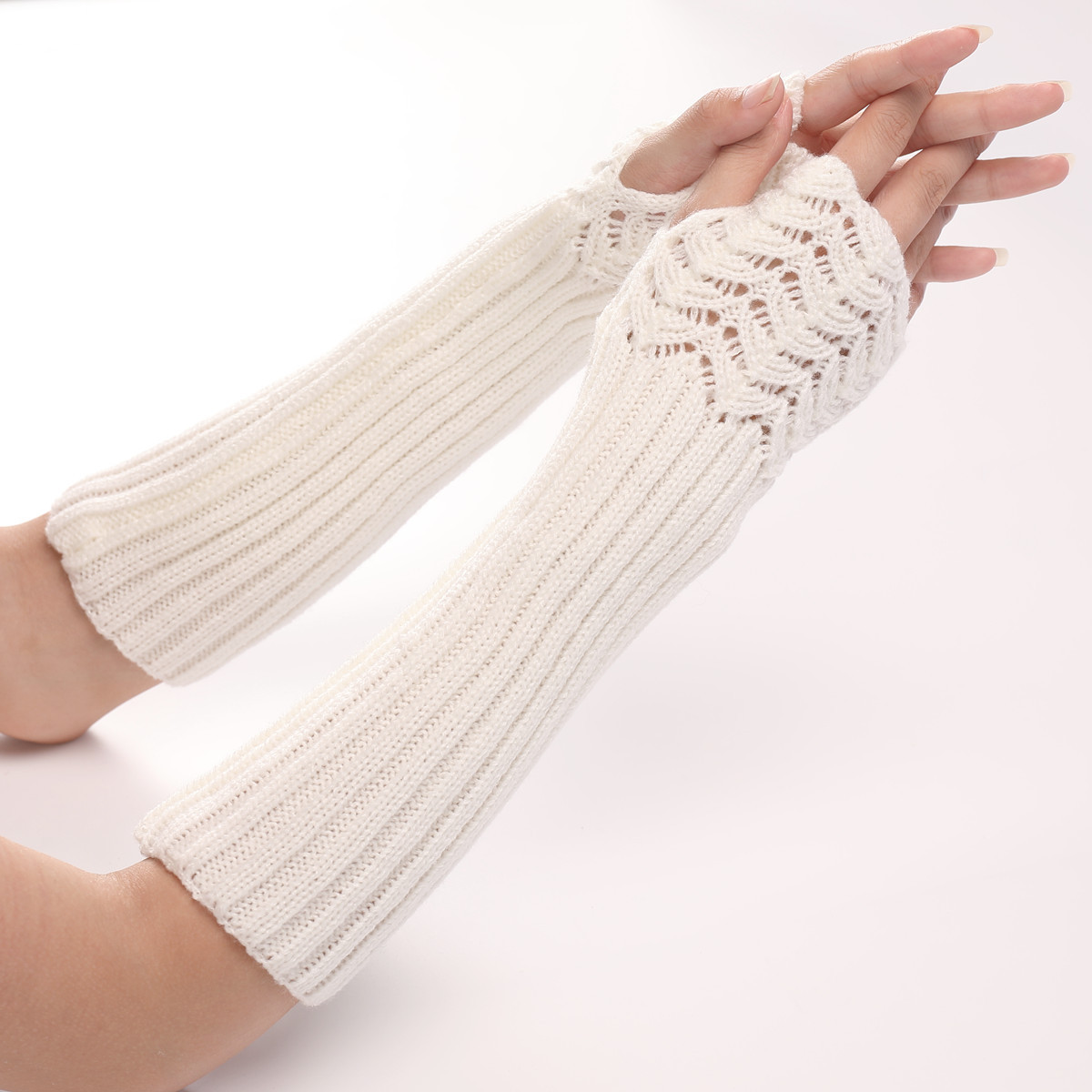 Classic and elegant Knitted Fingerless Long Cuff Mittens Glovesin autumn and winter