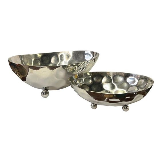 Antique Nickel Pattern Fruit Bowl Set of 2 Polished Metal Dates Bowls Glass and Steel Material for Soup and Pasta Salad Bowl