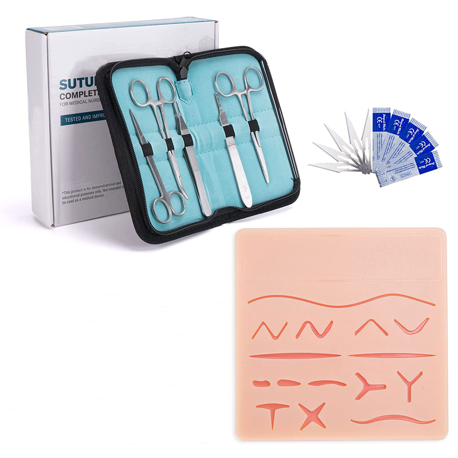Medical Students Complete Suture Practice Kit Extra Large Suturing Pad Pre-Cut Wounds Stainless Steel Tools Instruments Manual
