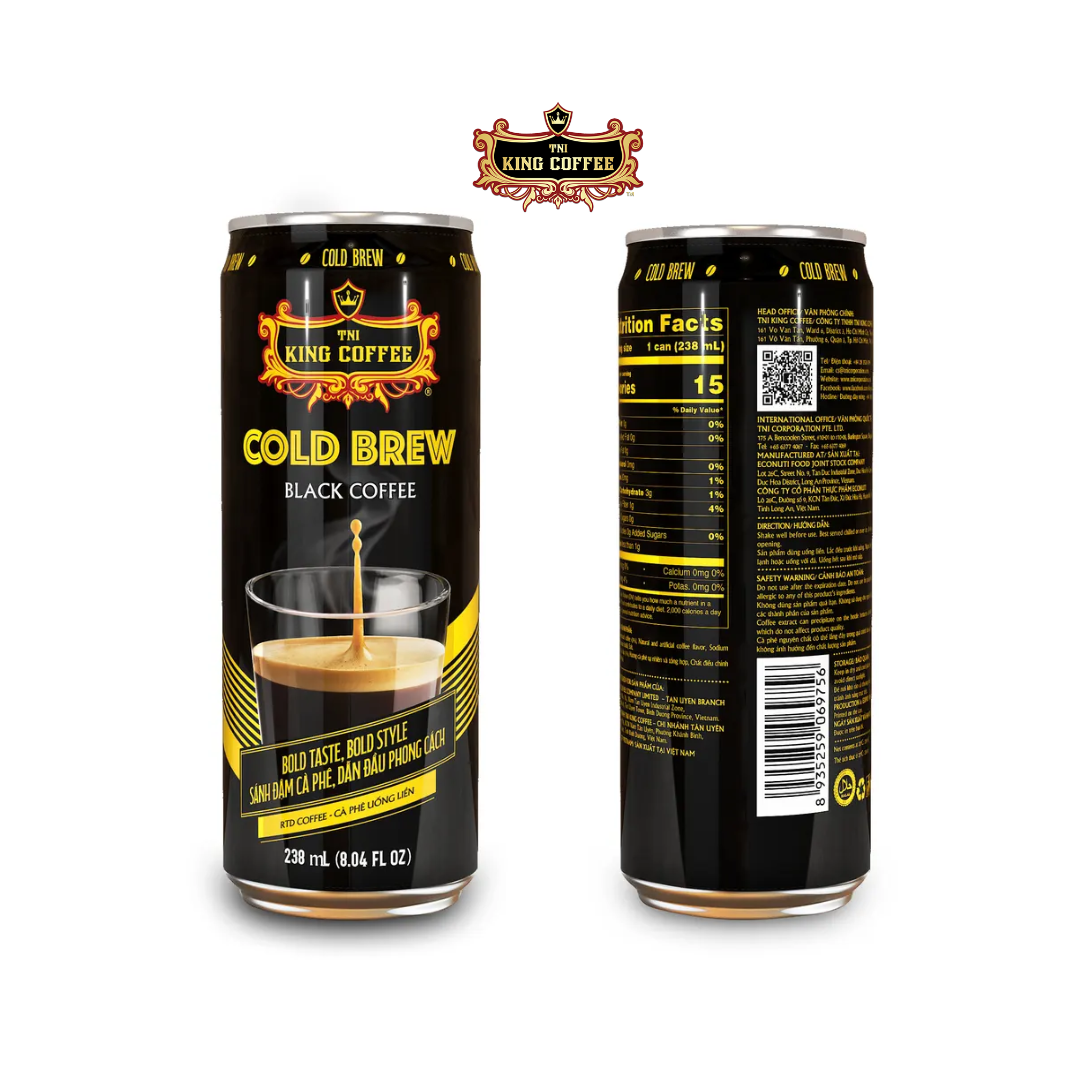 KING COFFEE - OEM ODM холодный кофе, черный кофе, банка 238 мл, упакованная в 24 банки/коробку от вьетнамской кофейной ленты