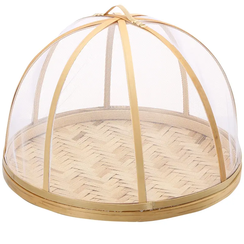 Round Bamboo Food Serving Tent Basket Handmade Bamboo Food Tray with Cover for kitchen room