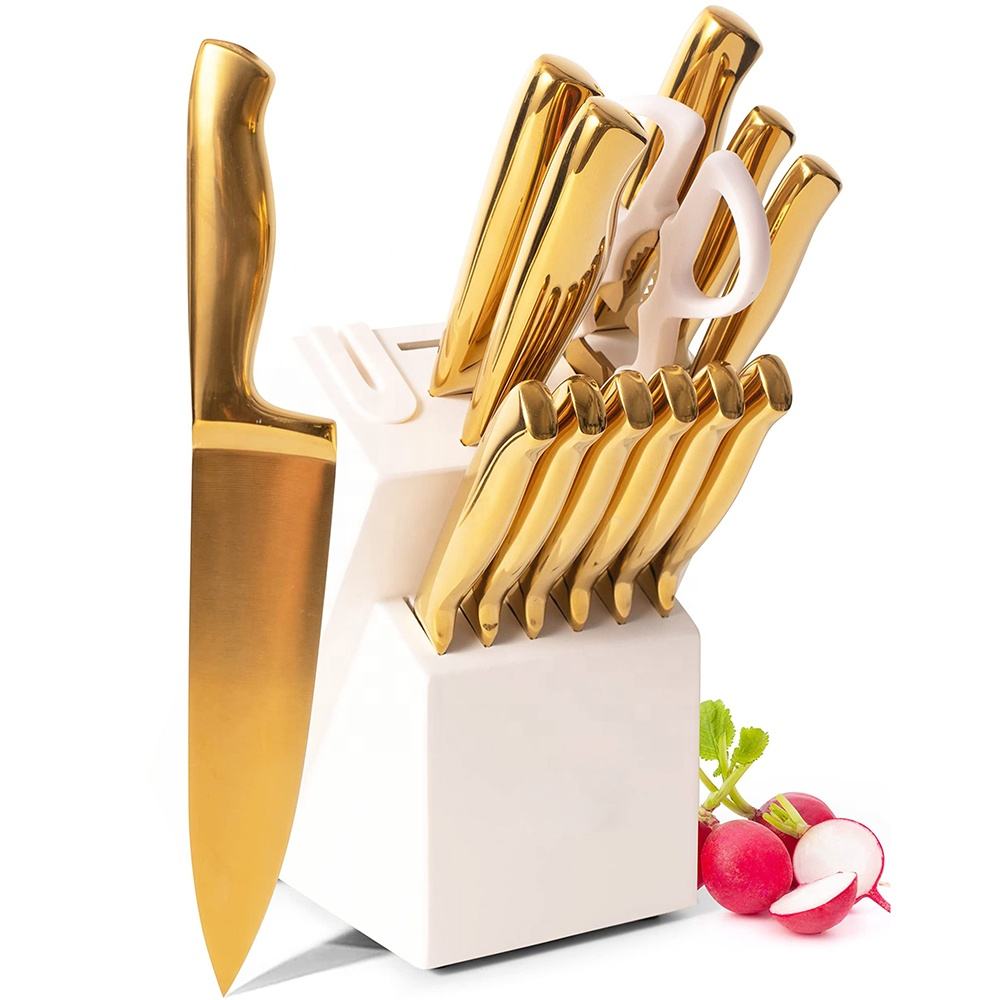 2024 Golden kitchen knife cuchillos professional metal stainless steel kitchen knives 3Cr13 chef titanium kitchen knife set