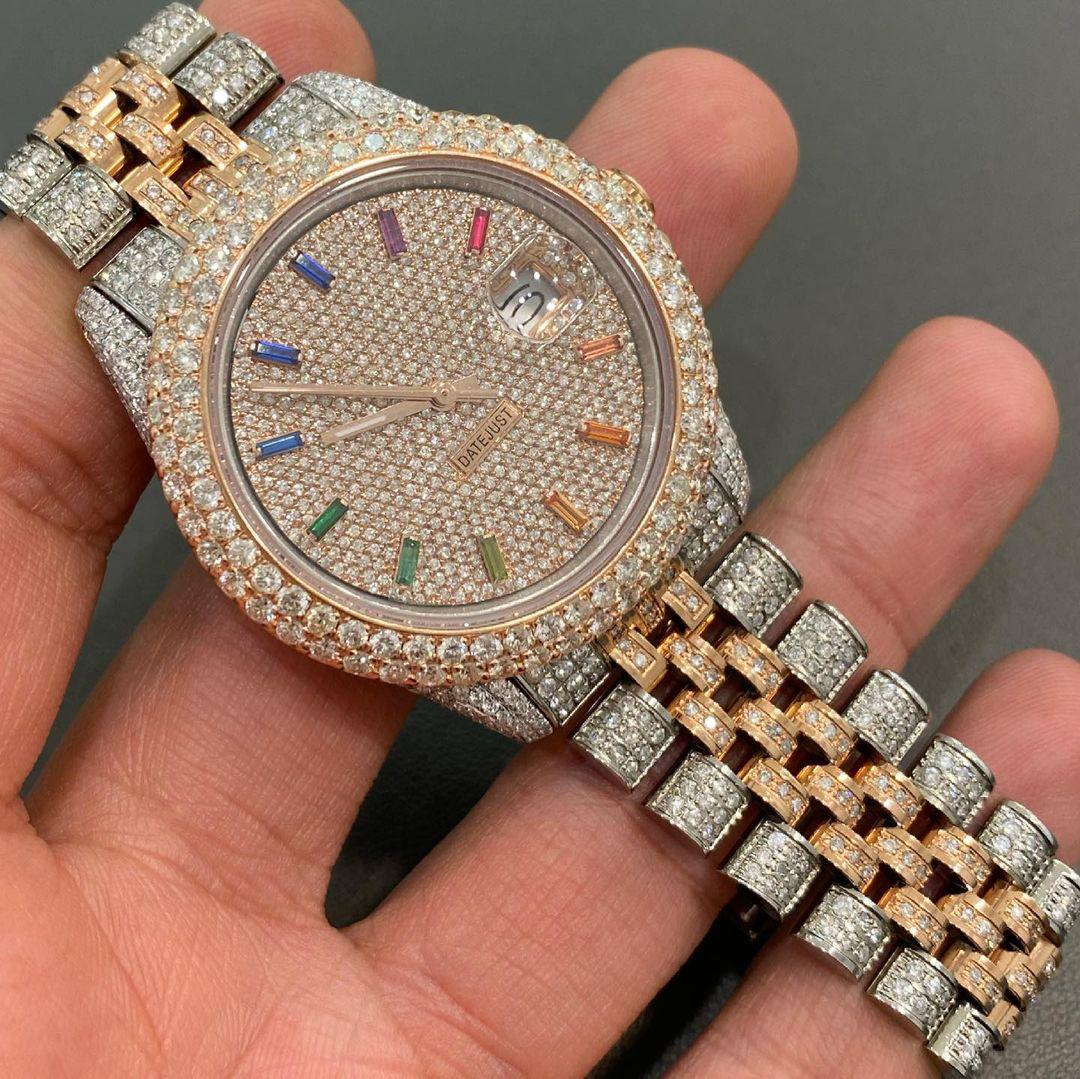 This is a special watch crafted with moissanite diamonds that passes the diamond test and frame of this watch is stainless steel