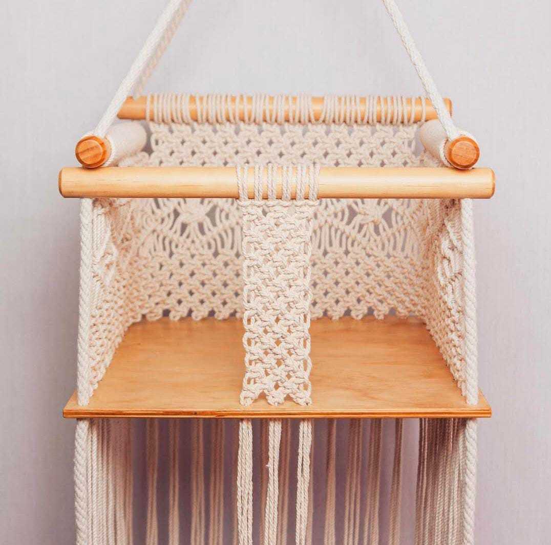 Baby Swing Hanging Chair Handmade Macrame Cotton Beige Wooden Background