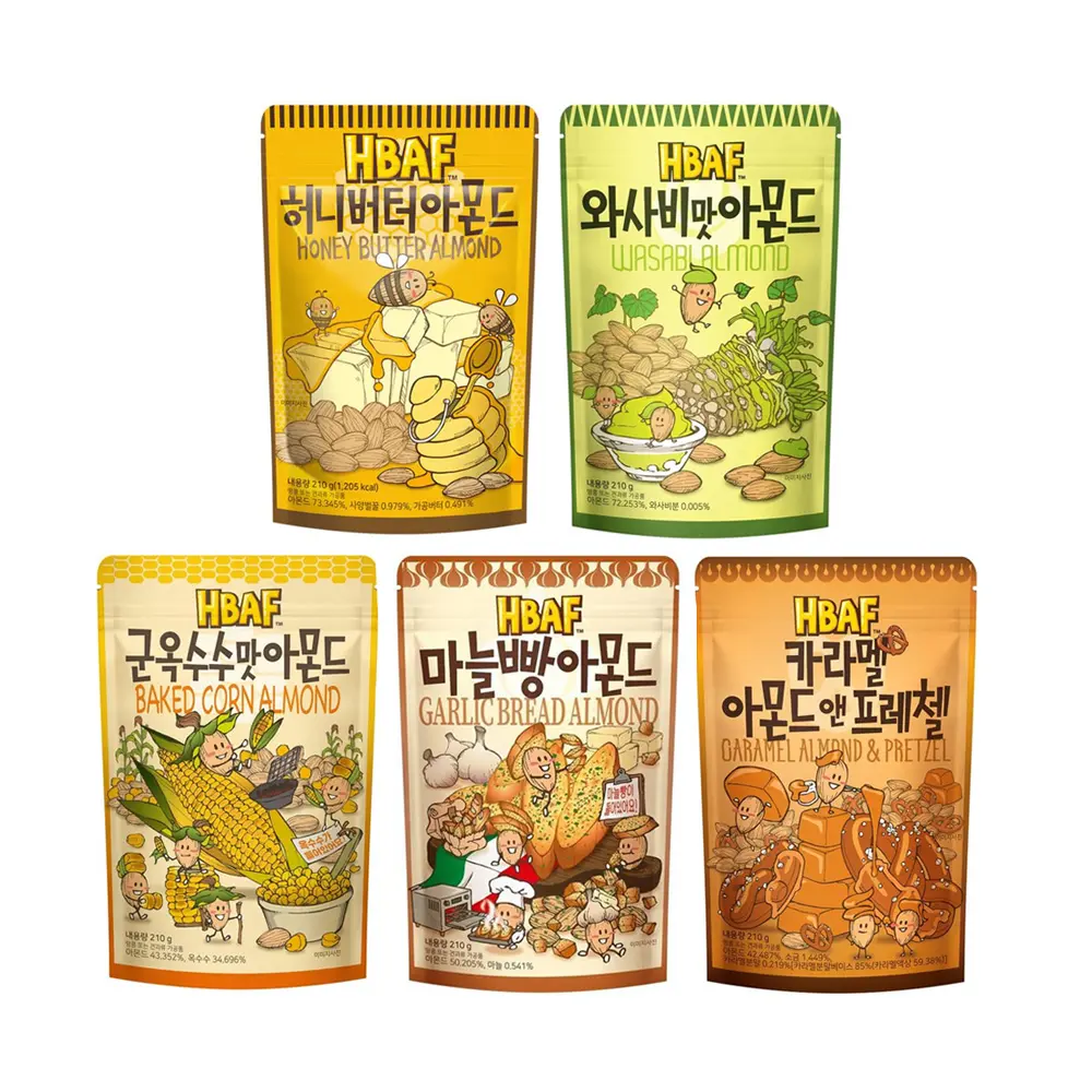 Wholesale price Korean representative food Korean Seasoned Almonds 210g 5 Flavors  Honey Butter  Wasabi  Garlic Bread  Caramel 