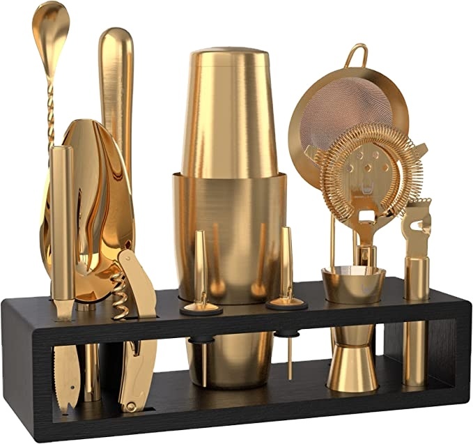 Bartender Kit with Black Bamboo Stand Cocktail Shaker Set and Bar Tool Stainless Steel Boston Shaker Bartender Kit (Gold) 2023