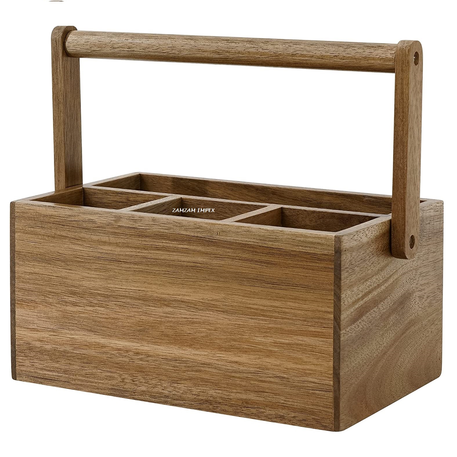 Elegant Acacia Wood Caddy with Ergonomic Handle, Multi-Purpose Wooden Storage Organizer for Kitchen, Office, Bathroom, and Bedroom