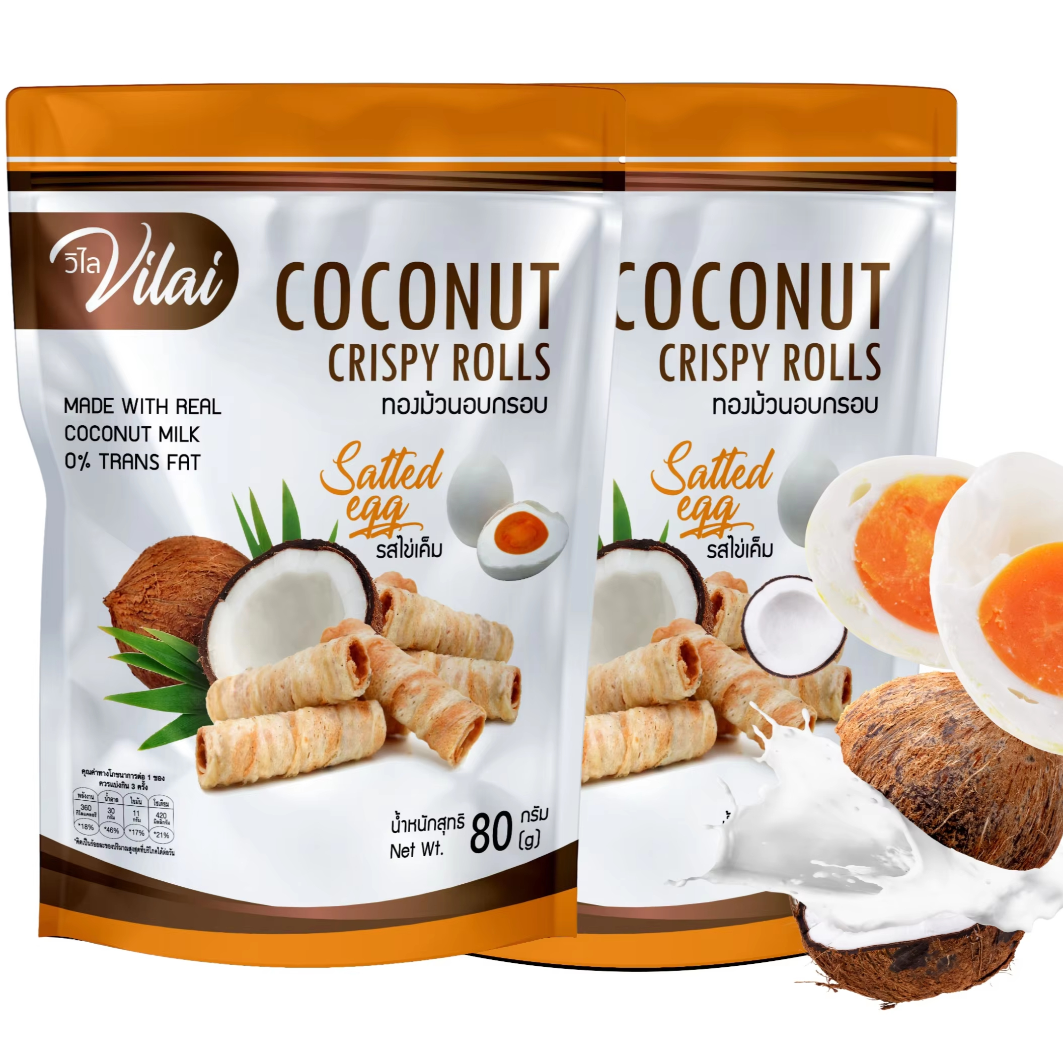 2024 Hot Premium Coconut Roll Snack Crispy Egg Salt Flavor Sweet Testy Food from Thailand Wrapped Gift Boxes 80gm Bag Packaging