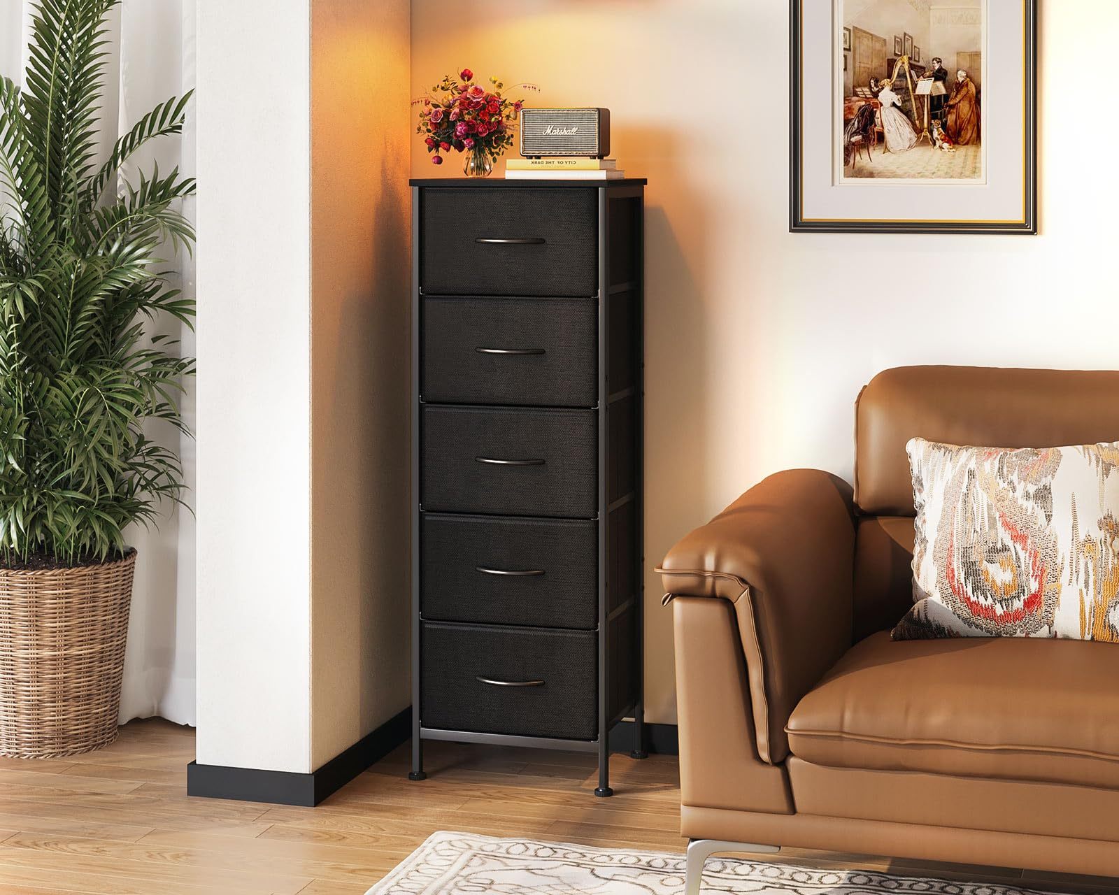 48 Tall Dresser for Bedroom 5 Storage Drawers with Sturdy Steel Frame Modern Fabric Dresser Chest of Drawers in Black