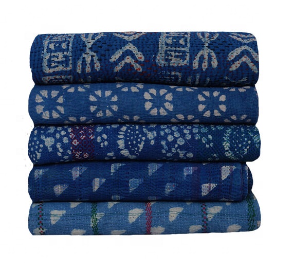 Оптовая продажа, винтажное одеяло цвета индиго Kantha, синий, натуральный цвет, Хлопковое одеяло цвета индиго Kantha