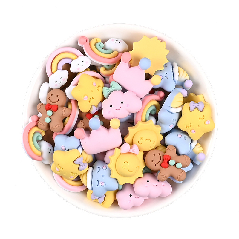 Resin Beads Cartoon Sun Moon Cloud Star Flat Back Ornament Rainbow Crown Love Cloud Gingerbread Man DIY Craft Ornament Scrapbook