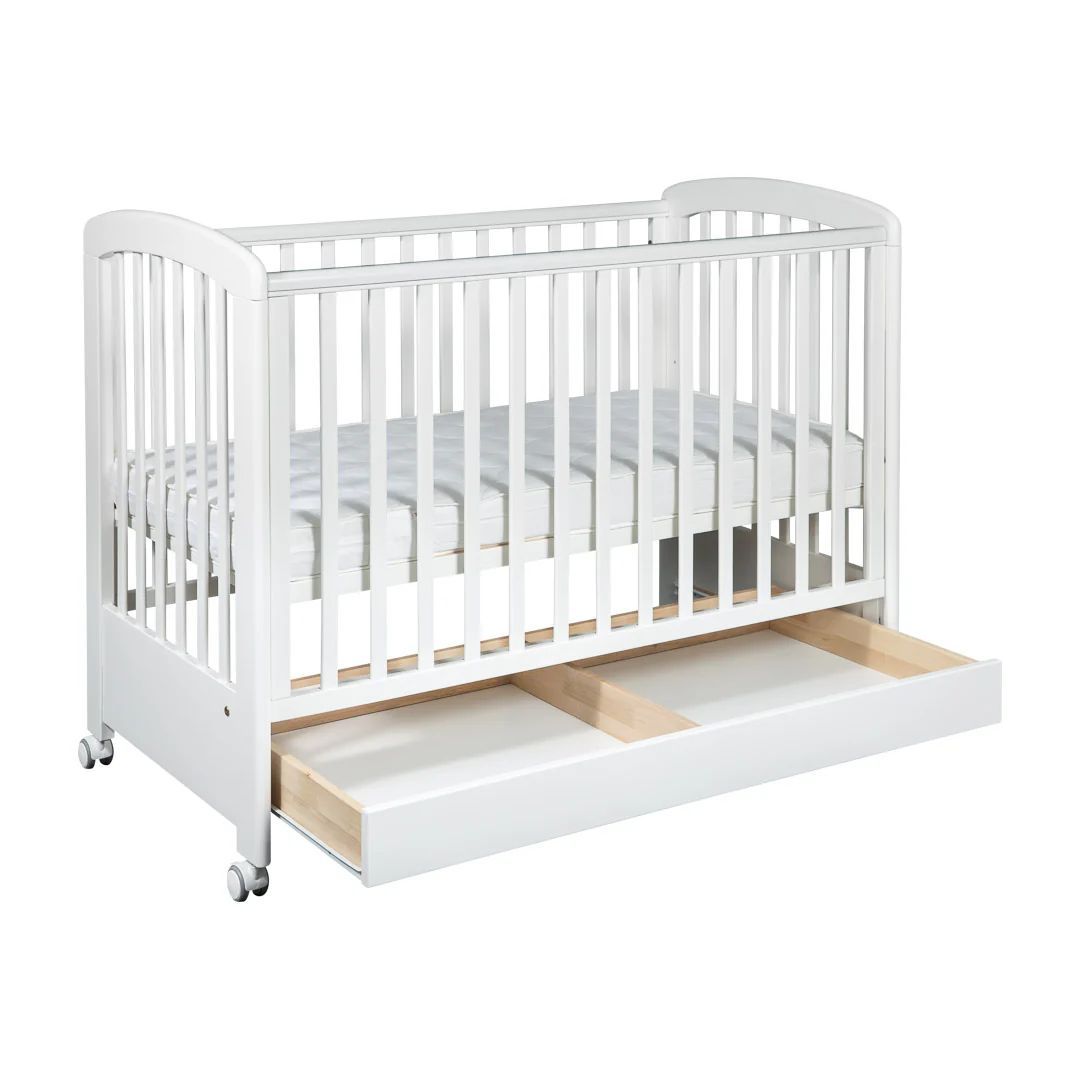 Elegant White Mahogany Baby Crib with Integrated Storage Drawers - Safe & Stylish Nursery Cot