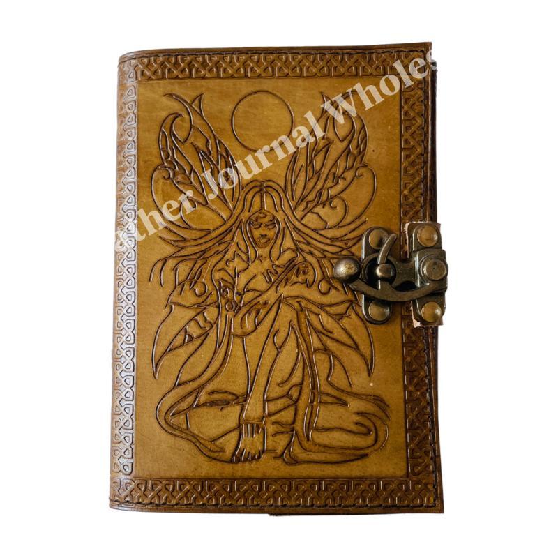 Fairy Engraved Handmade Genuine Leather Journal Deckle Edge Paper Book Of Spells A5 Notebook Hardcover Dairy With Antique Lock