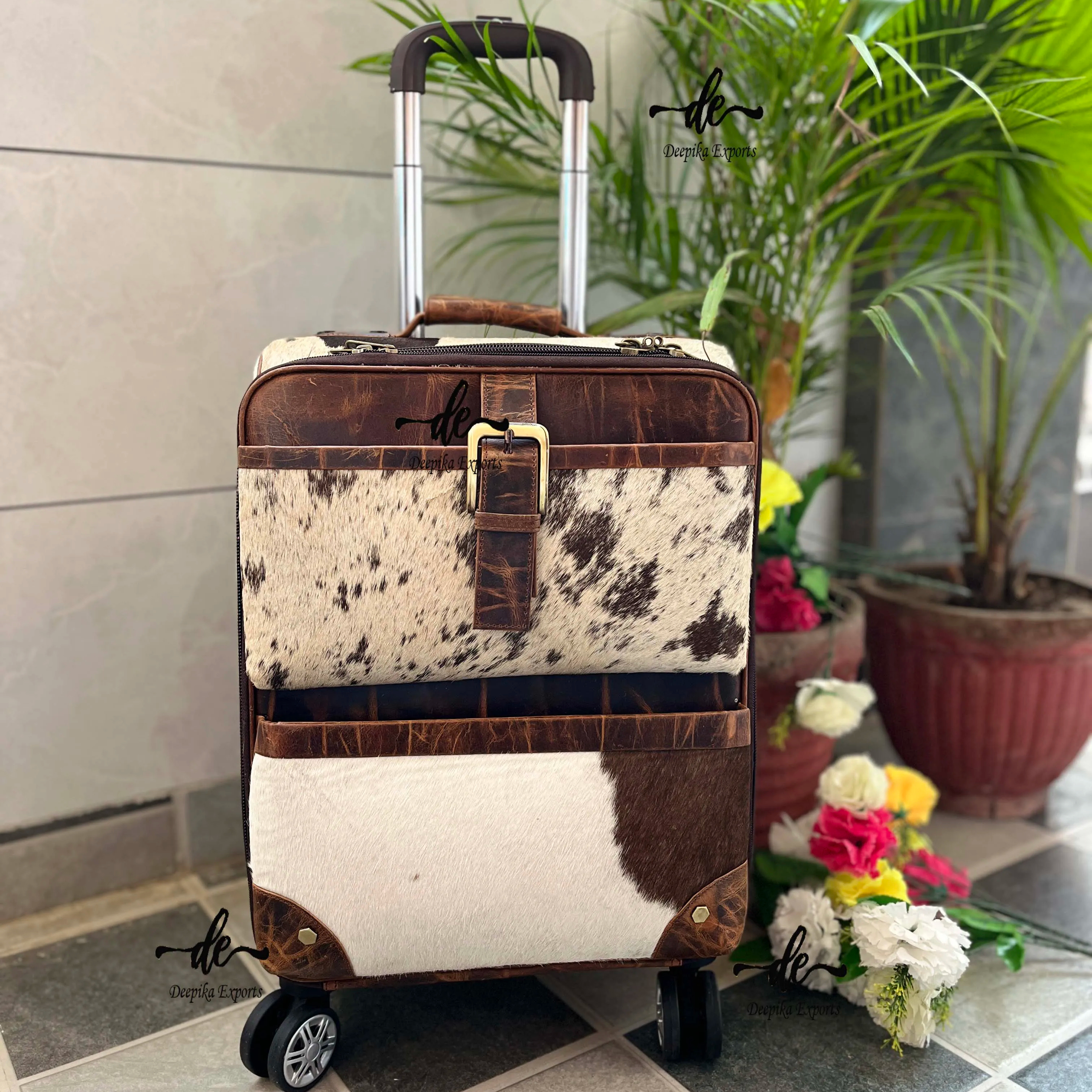 Real Cowhide Leather Luggage Bags Multi Uses Handmade Trolley Bag Unisex Big Size Multi Uses Suitcase Hair On Hide
