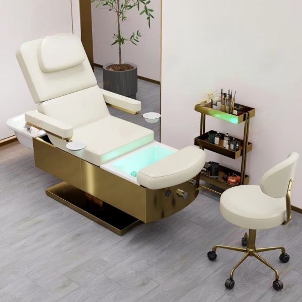 Modern beauty salon spa backwash unit 3 motor white pedicure massage facial bed