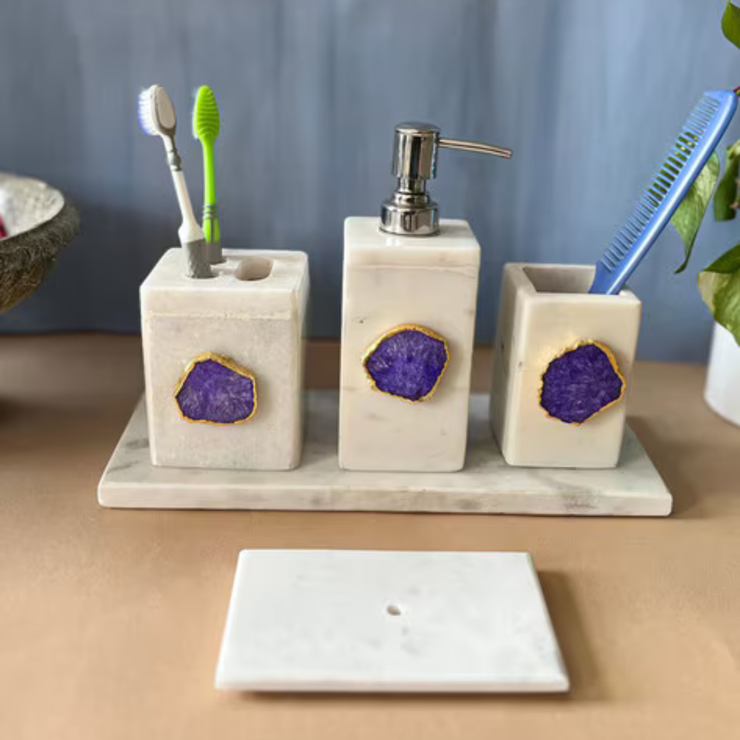 Luxury Bathroom Accessories Set Elegant Marble Vanity Tray and Onyx Resin for Hotel & Home Decoration