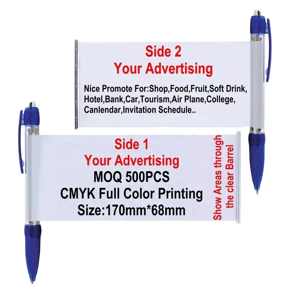 Advertising Flag Pen Plastic Retractable Pull Out Banner Pens Cheap Rolling Paper Pen