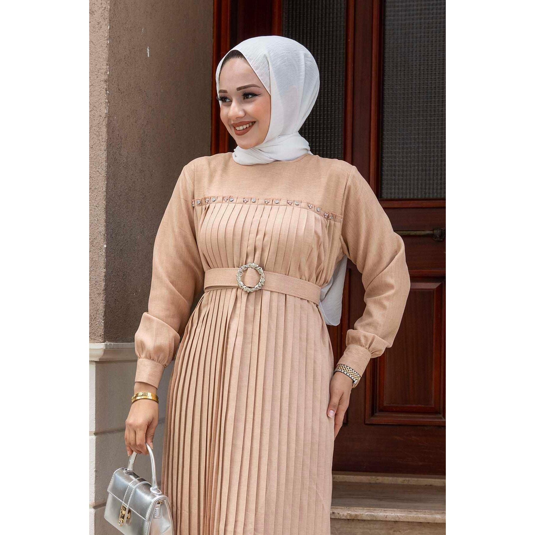 Beige Modest Hijab Dress with Pleated Design and Stone Detail Pattern Decorated