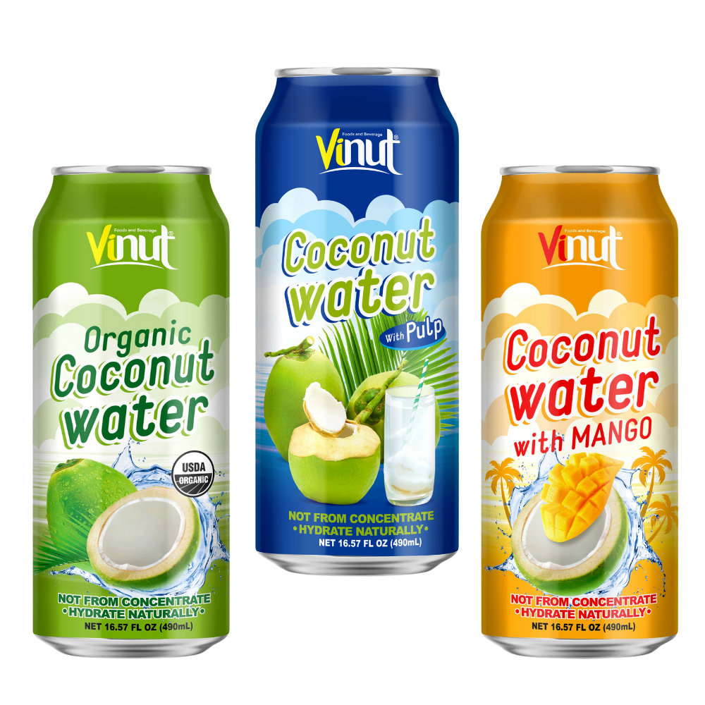 Made In Vietnam - 490ml Pure Natural Coconut Water With Pulp Can Drink - Free Sample - Private Label OEM - Manufacture Beverage