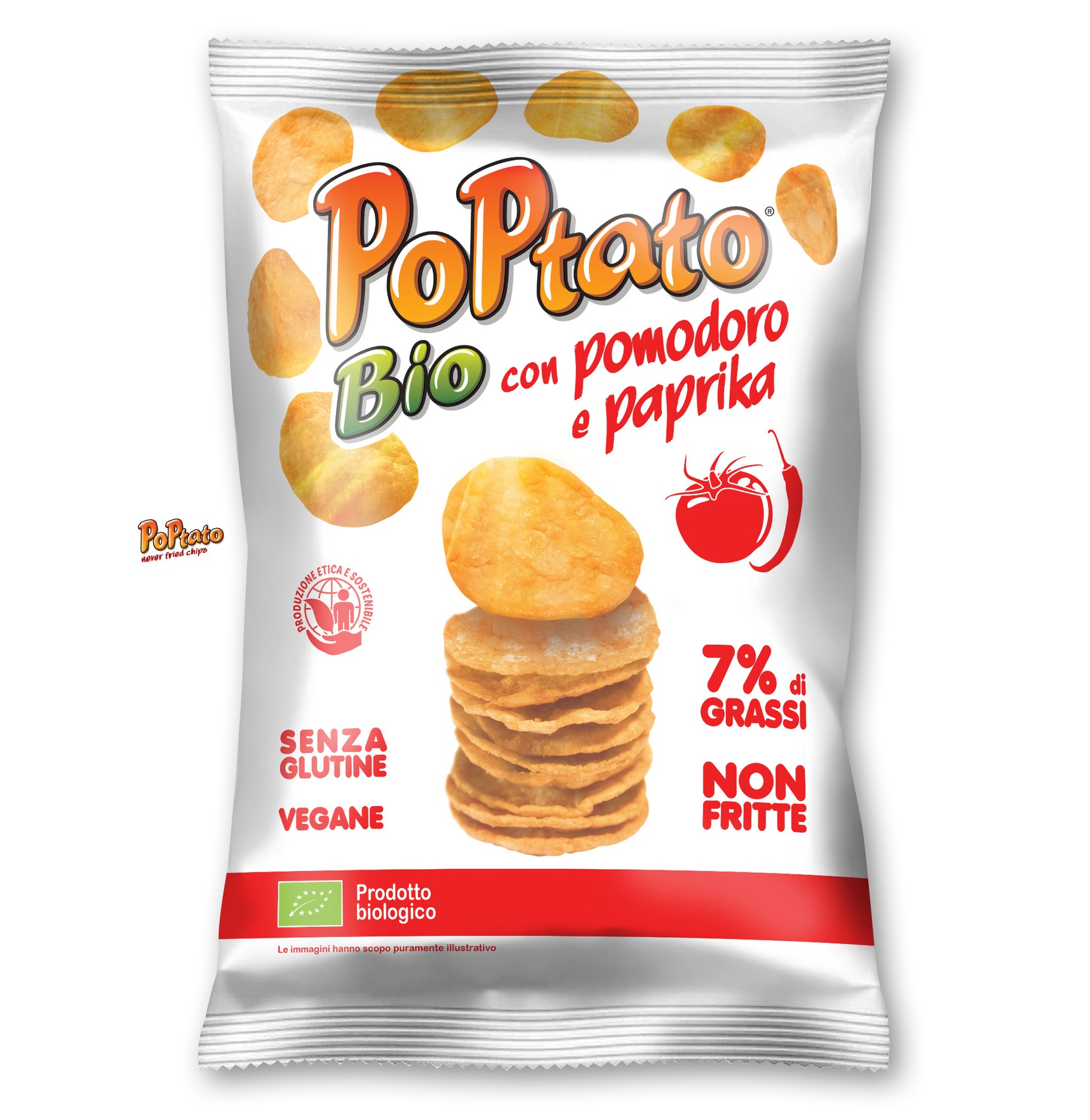 Итальянские чипсы Poptato, помидор и паприка, 40 г, не жареные органические и без глютена, изготовленные с картофелем и подсолнечным маслом