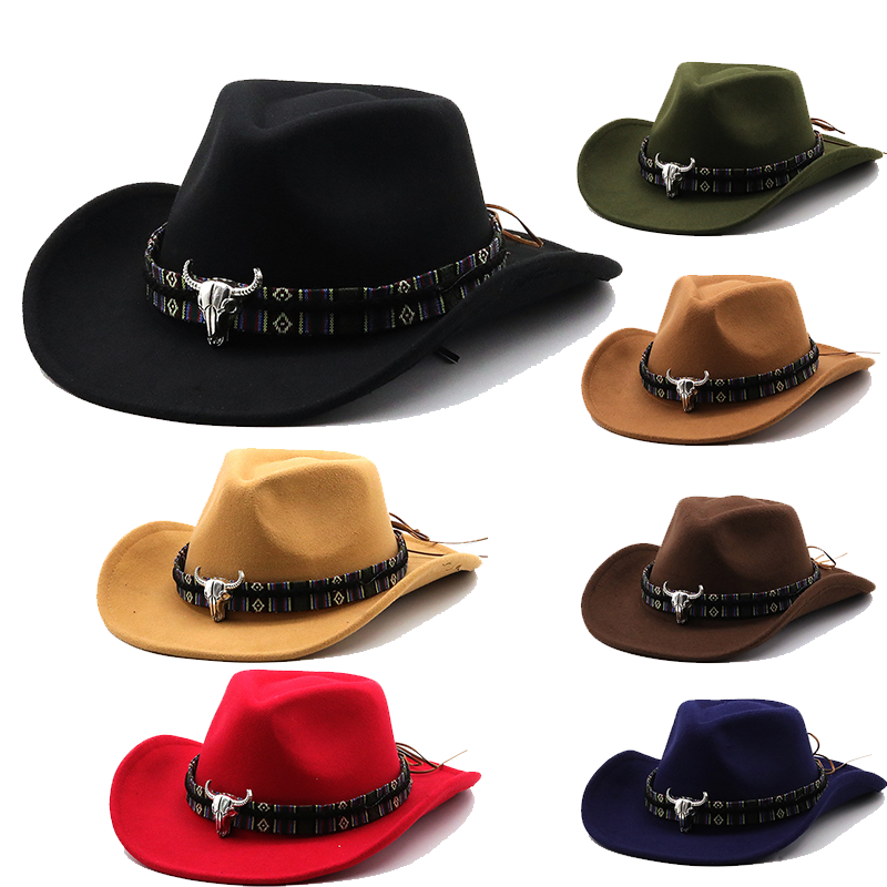 Good Quality Metal Bullhead Western Cowboy Top Hat Autumn Winter Woolen Jazz Hat Felt Cowboy Fedora Hat