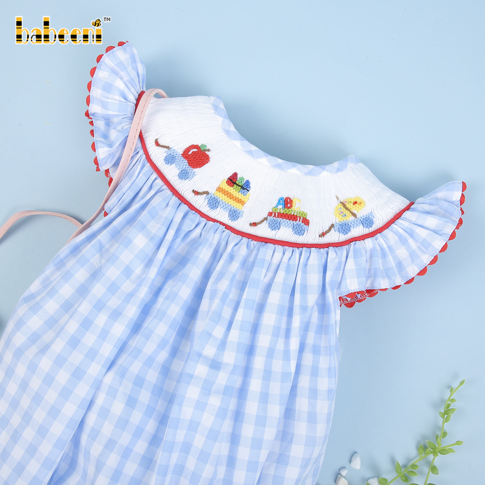 Back to school smocked girl bubble blue check ODM OEM wholesale smocked girl dress high quality - BB2155A