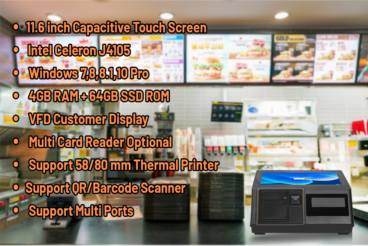 Retail Cashier System Machine 1166 Inch VFD Customer Display Barcode Scanner POS Terminal System