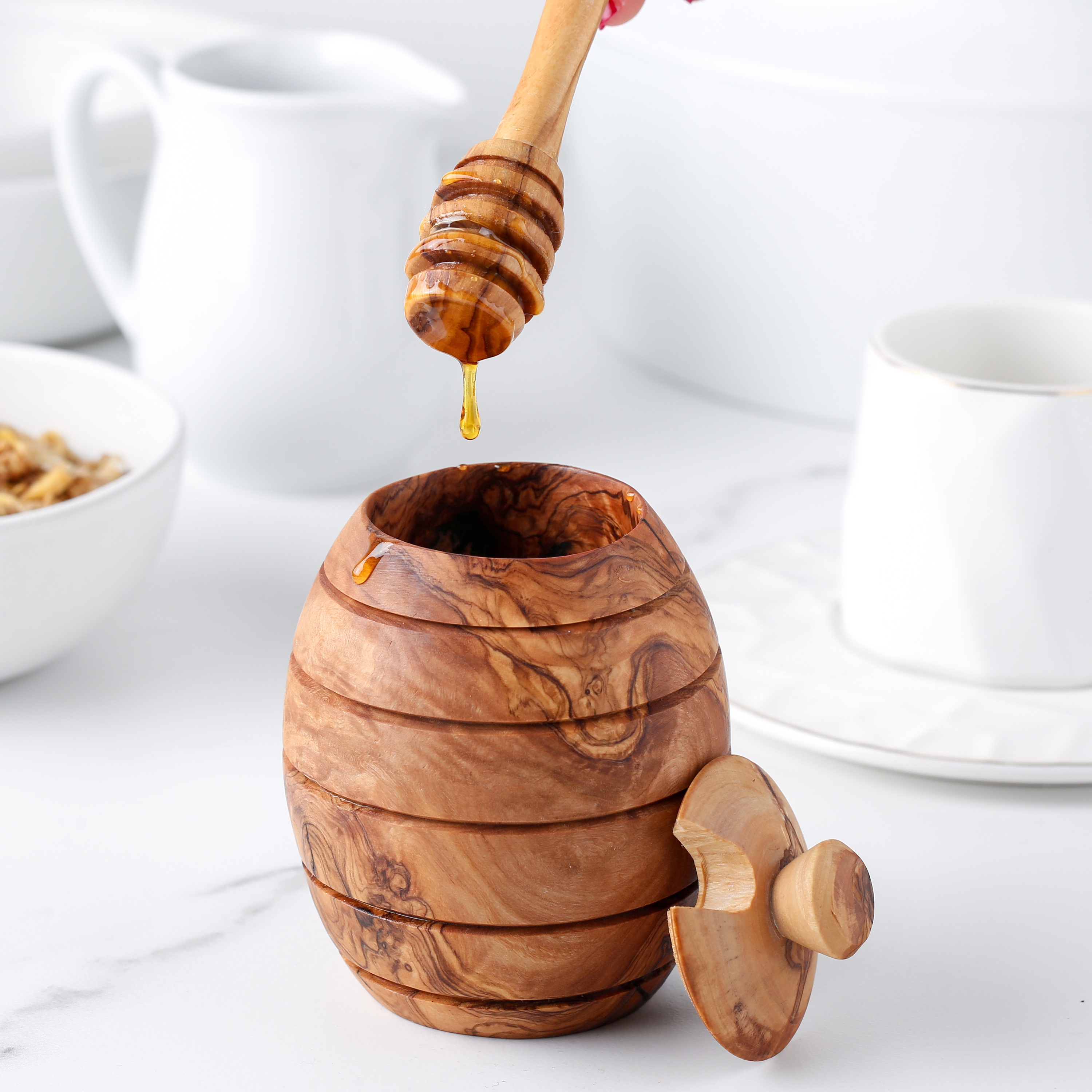 Handmade Olive Wood Honey Pot with Wooden Dipper Eco-Friendly Honey Jar High-Quality Olive Wood Tableware Set