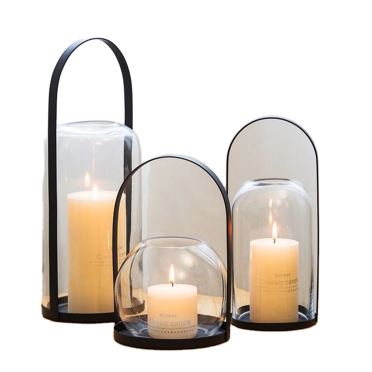 Elegant Wholesale Metal Base And Handle Under Candle With Glass Lamp/Lantern Black And Skin Gun Powder For Home Decor