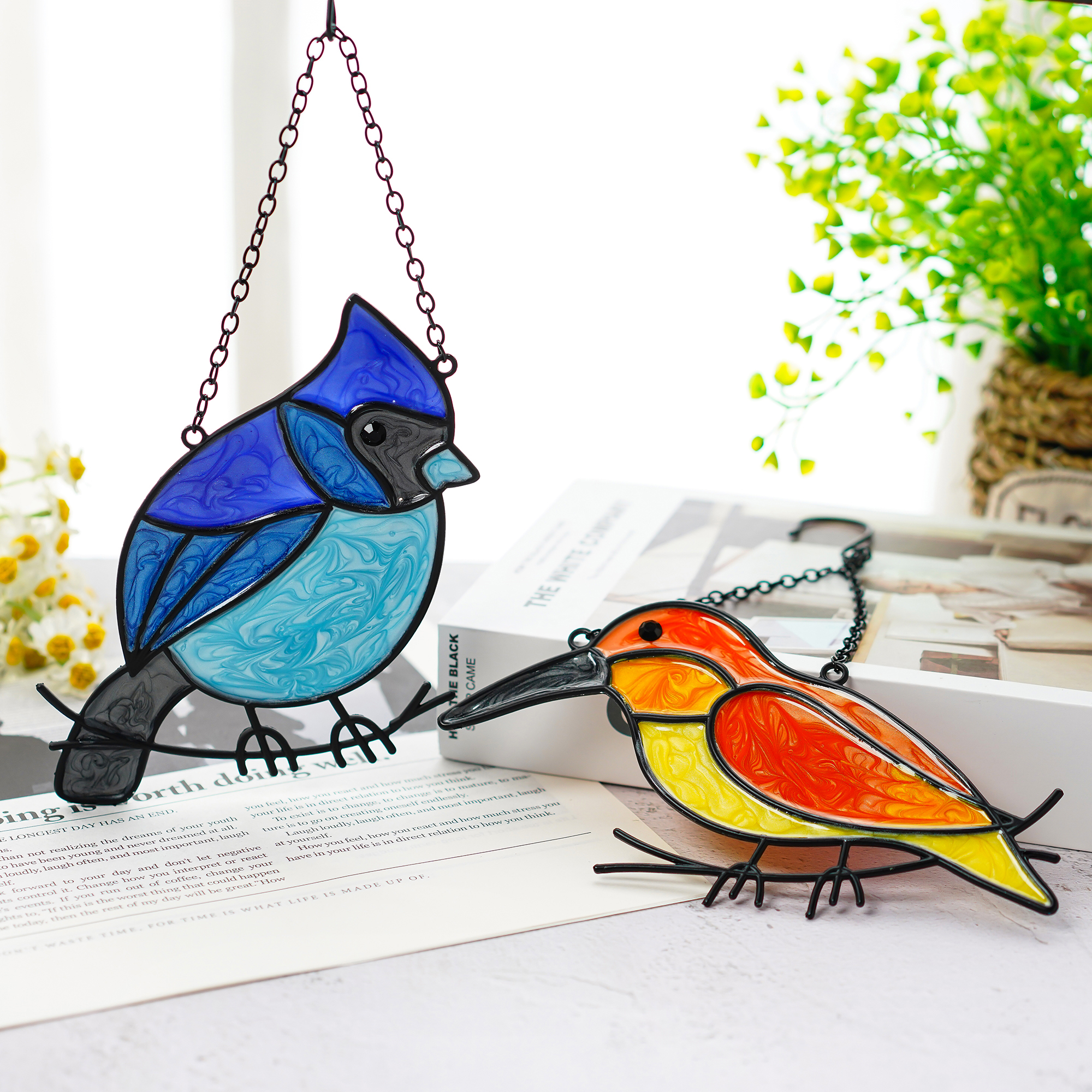 2PCS Handmade Epoxy Resin Birds on Branch Window Hanging  Ornaments Pendant Decorative Bird Hangings For Home Garden Decor