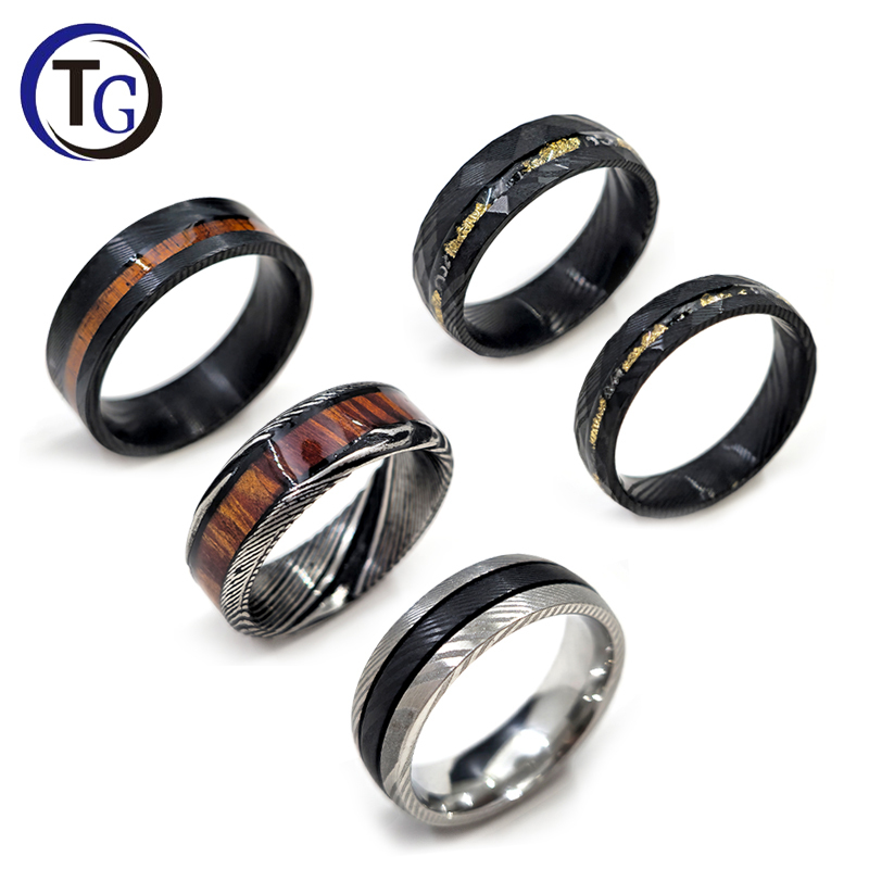 Custom 8mm Men's Wedding Band Engagement Koa Wood Inlay Black Hammered Damascus Steel Ring with Crushed Meteorite and Gold Foil