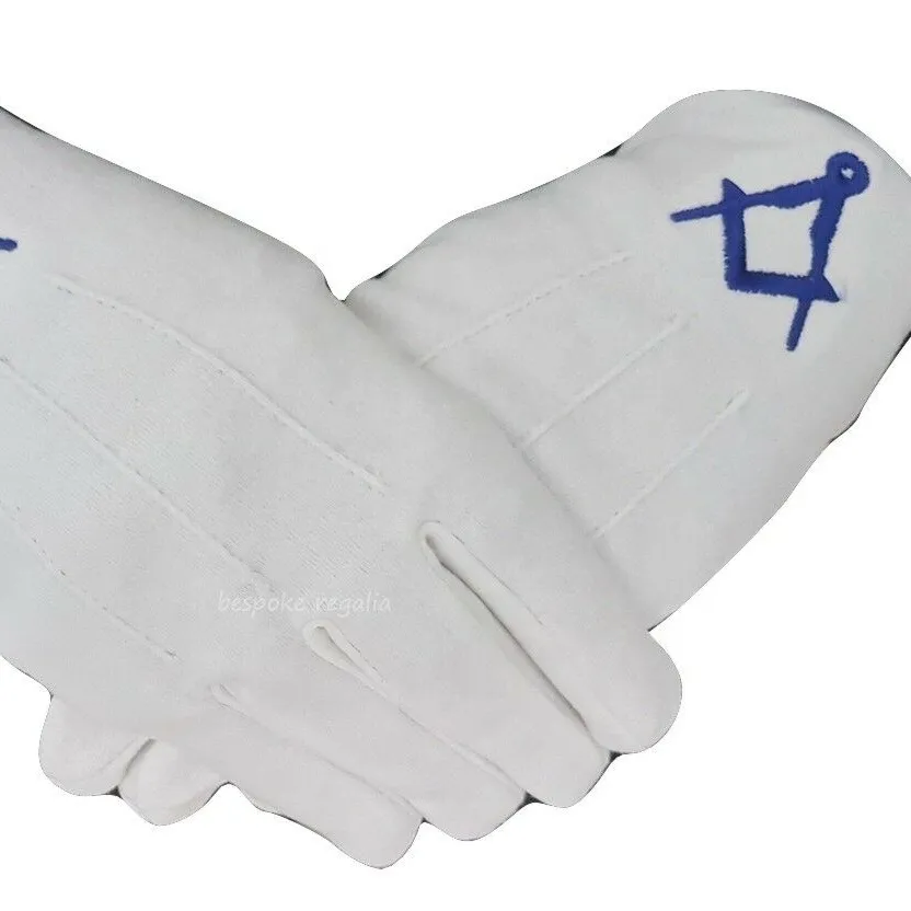 Cheap 100% Cotton Masonic gloves With Square and Compass Embroidery Logo breathable quick dry masonic gloves OEM Customized