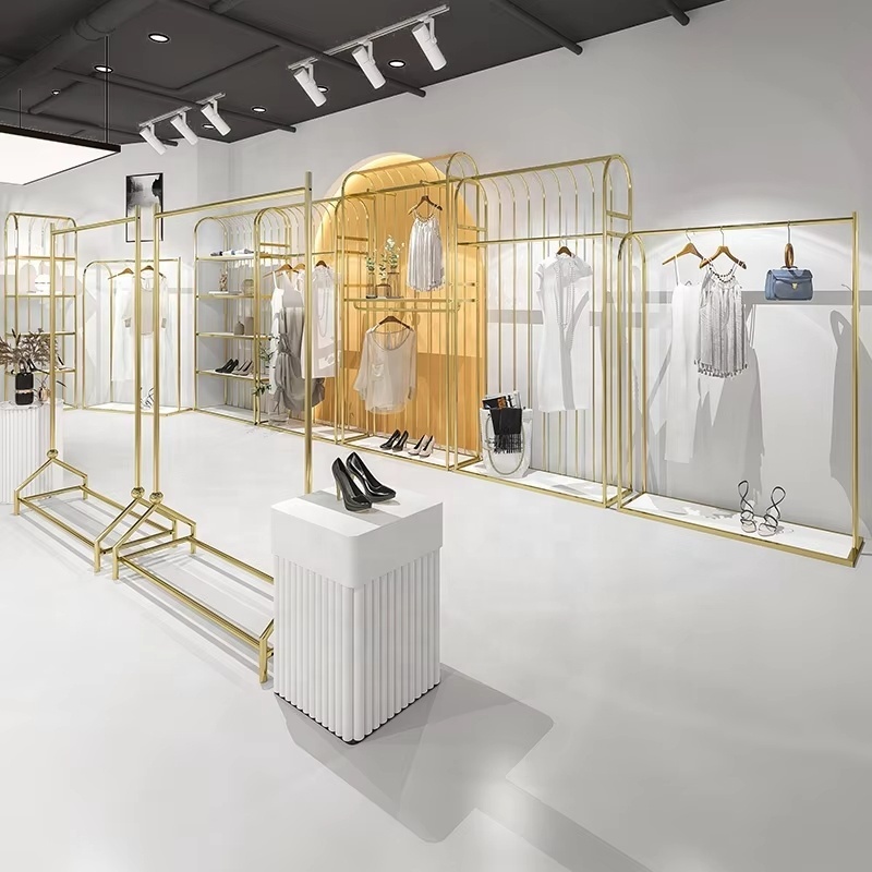Commercial Luxury Racks Hanging Clothes Stands Display Racks Retails gold Stainless Steel garment Clothing Rack for Boutique
