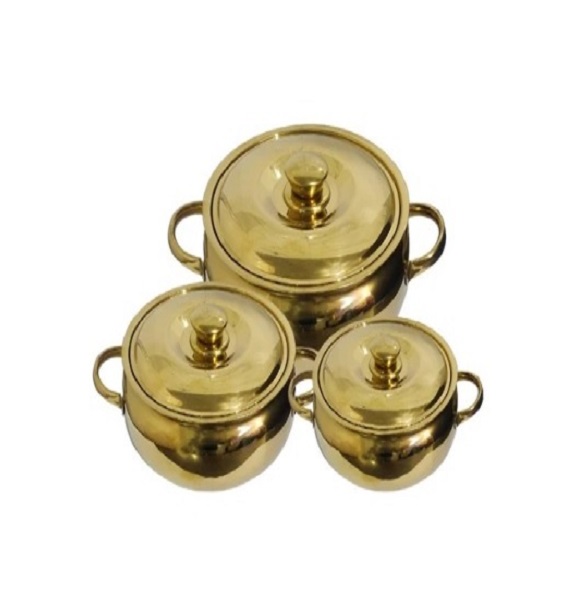 Indian Handcrafted Metal Cooking Ware Pot with Brass Handles Kitchen Ware Stainless Steel Inner Coating Metal Cookware Sets
