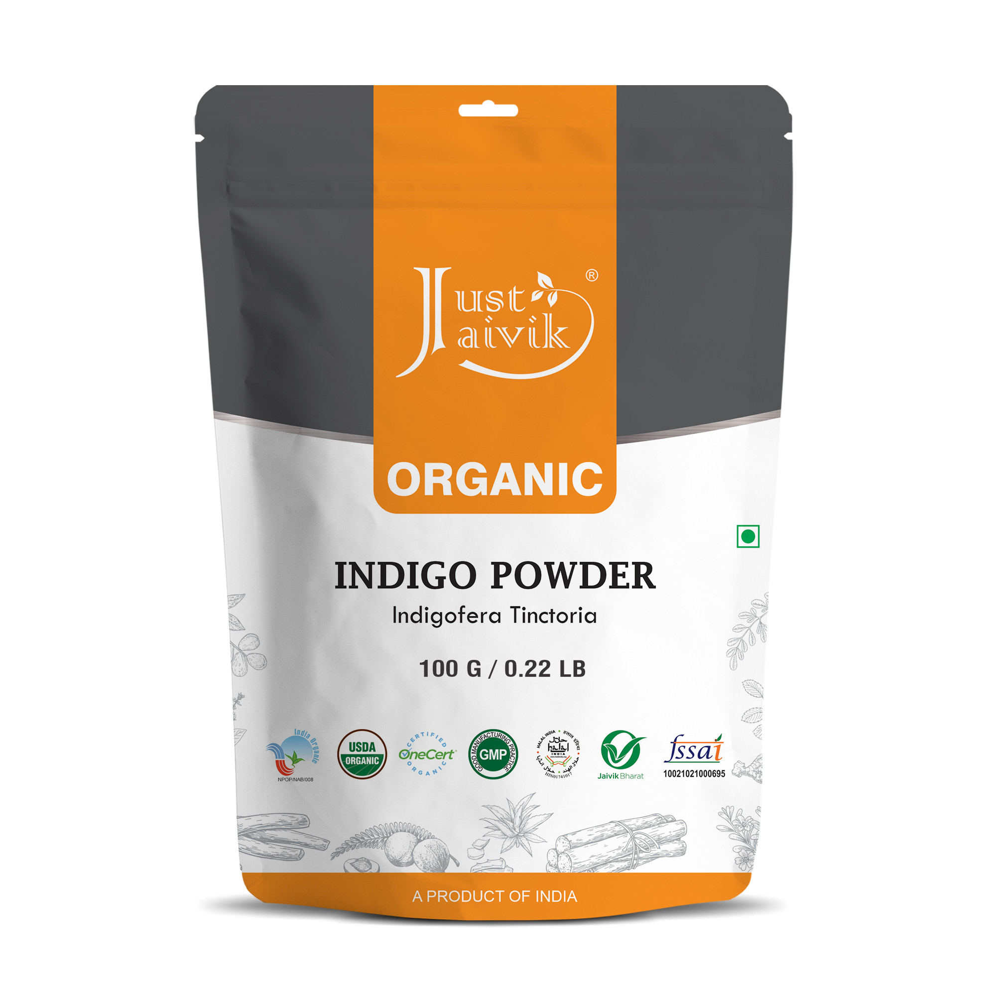 Just Jaivik Organic Indigo Powder 100g Pack-Natural Hair Color from Indigofera Tinctoria