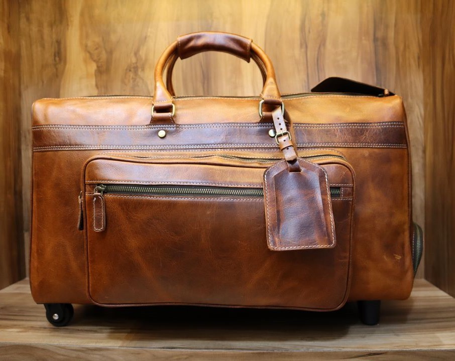 Real Leather Travel Luggage Bag Genuine Cow Leather Travel Bag With Wheels Vintage Design Durable Suitcase Duffle