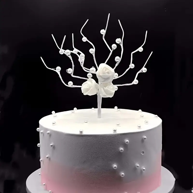 Simulation White Rose Pearl Tree Birthday Cake Decor DIY Moldable Ornament Cake Decoration Insert Ins Dessert Table Decoration