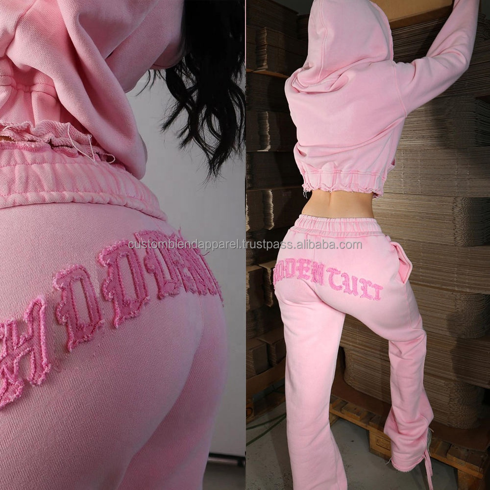 New Fashion Womens Custom Crop Hoodie Tracksuit Patch Embroidery Washed Distressed Oversized Streetwear Sweatsuit Jogger Set
