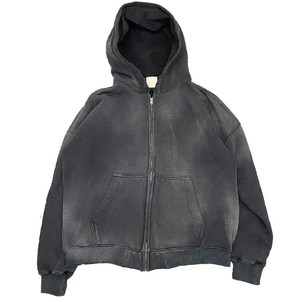 New Fashion Custom Solid Color Heavyweight Men's Hoodie High Quality Oversized Drop Shoulder Vintage Acid Wash Zipper Hoodie Men