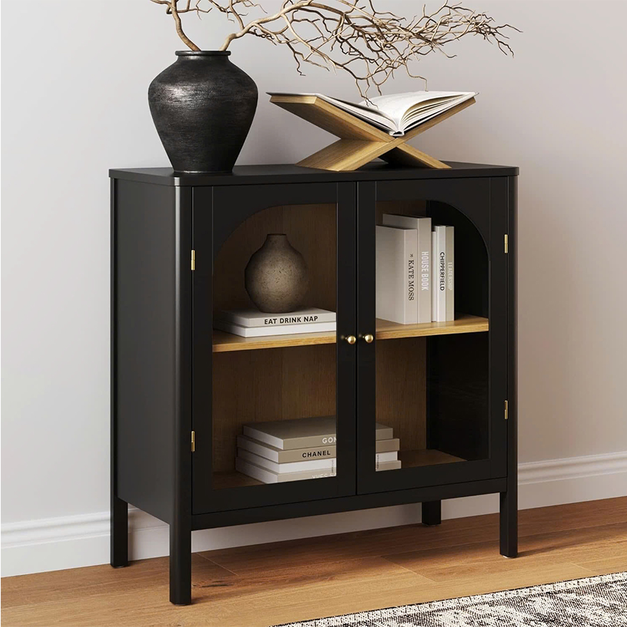 Metal storage cabinet with 2 glass doors, 4-shelf design, ideal for decorating living rooms and home offices